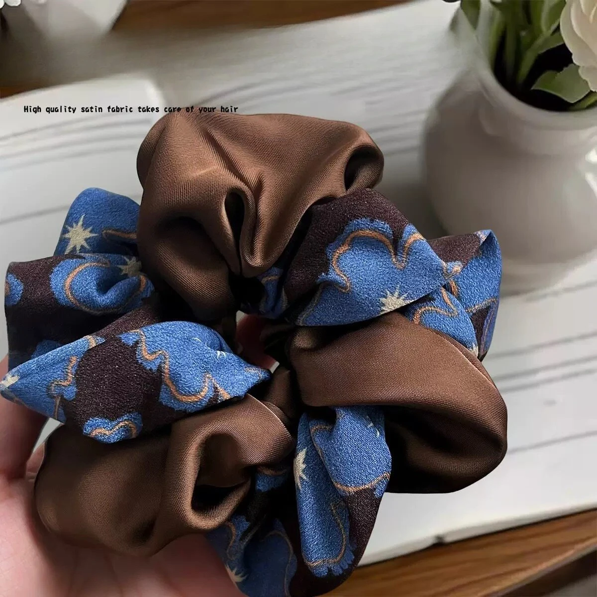 Premium Blue Brown Satin Scrunchie for Messy Ponytail Casual Versatile Hair Tie Soft Lightweight Women Daily Accessories Women