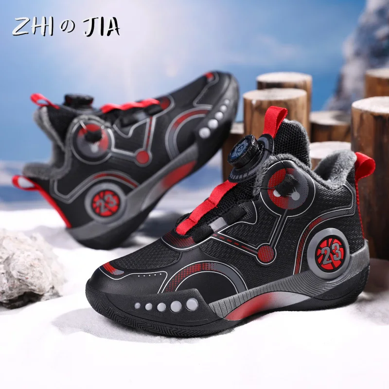 Hot Selling Children\'s Training Basketball Sneaker Boys Winter Warmth Plush Cotton Shoes Outdoor Snow Playing Anti-Skid Footwear