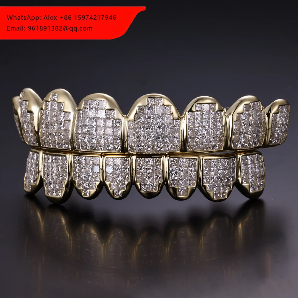 

Индивидуальные верхние и нижние зубные грилзы из серебра S925, 10K, 14K, цельного золота с муассанитом огранки «Принцесса» и выращенными в лаборатории бриллиантами, невидимое крепление
