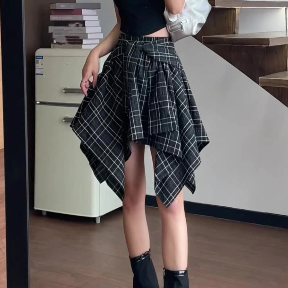 

Fashion Irregular Plaid Shirts Skirt A-line Lace-up Fake Two-piece Skirts Streetwear High Waist Plaid Shorts Skirt Female