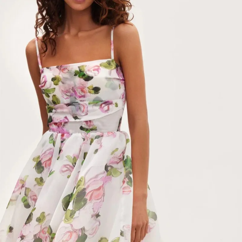 Abito estivo con bretelle con stampa floreale 2025 Abito elegante in chiffon a vita alta senza maniche Nuovo abito da ballo da sera