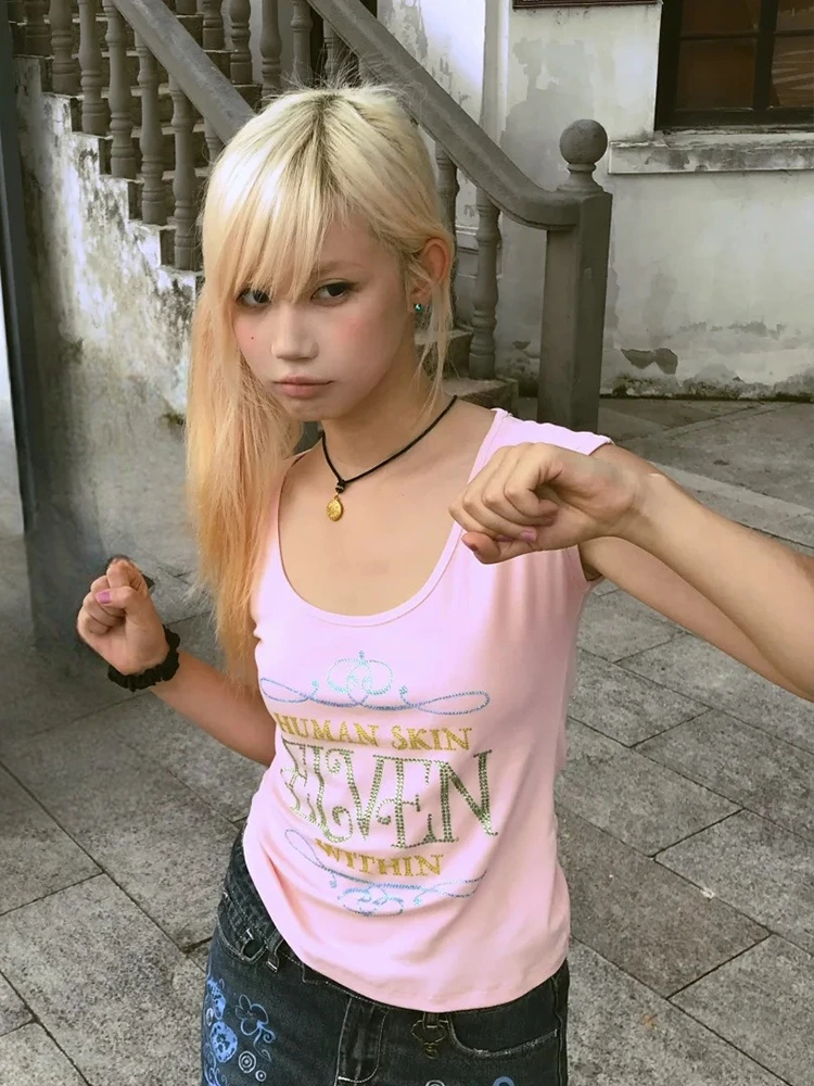 Tonngirls Aesthetic 2000s Print T Shirt Women Short Sleeve Tee Rhinestone Graphic Tops Y2k Japanese Vintage Crop Tops Streetwear
