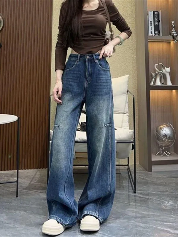 

Женские джинсы с высокой талией и широкими штанинами в стиле ретро, свободного кроя, длиной в пол, прямые, повседневные брюки для осени 2025 года