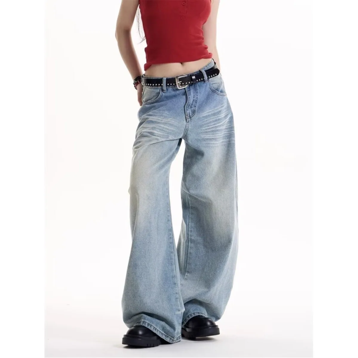 Y2K Frauen Hohe Taille Breite Bein Jeans Katze Kamm Druck Abnehmen Hosen Herbst Lose Fit Casual Hosen