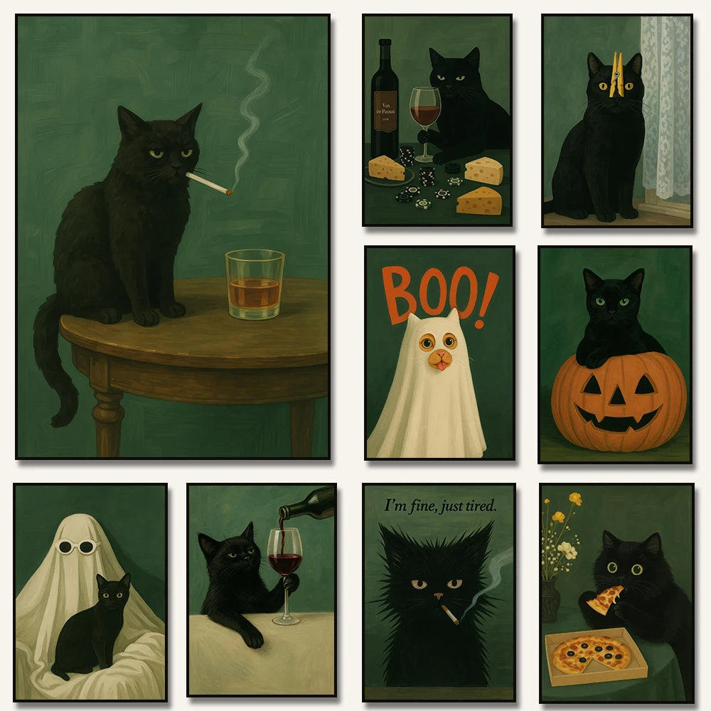 أسود القط شرب النبيذ الأحمر التدخين أكل البيتزا شبح اليقطين المشارك طباعة حائط لوح رسم صورة فنية غرفة المعيشة ديكور المنزل #1
