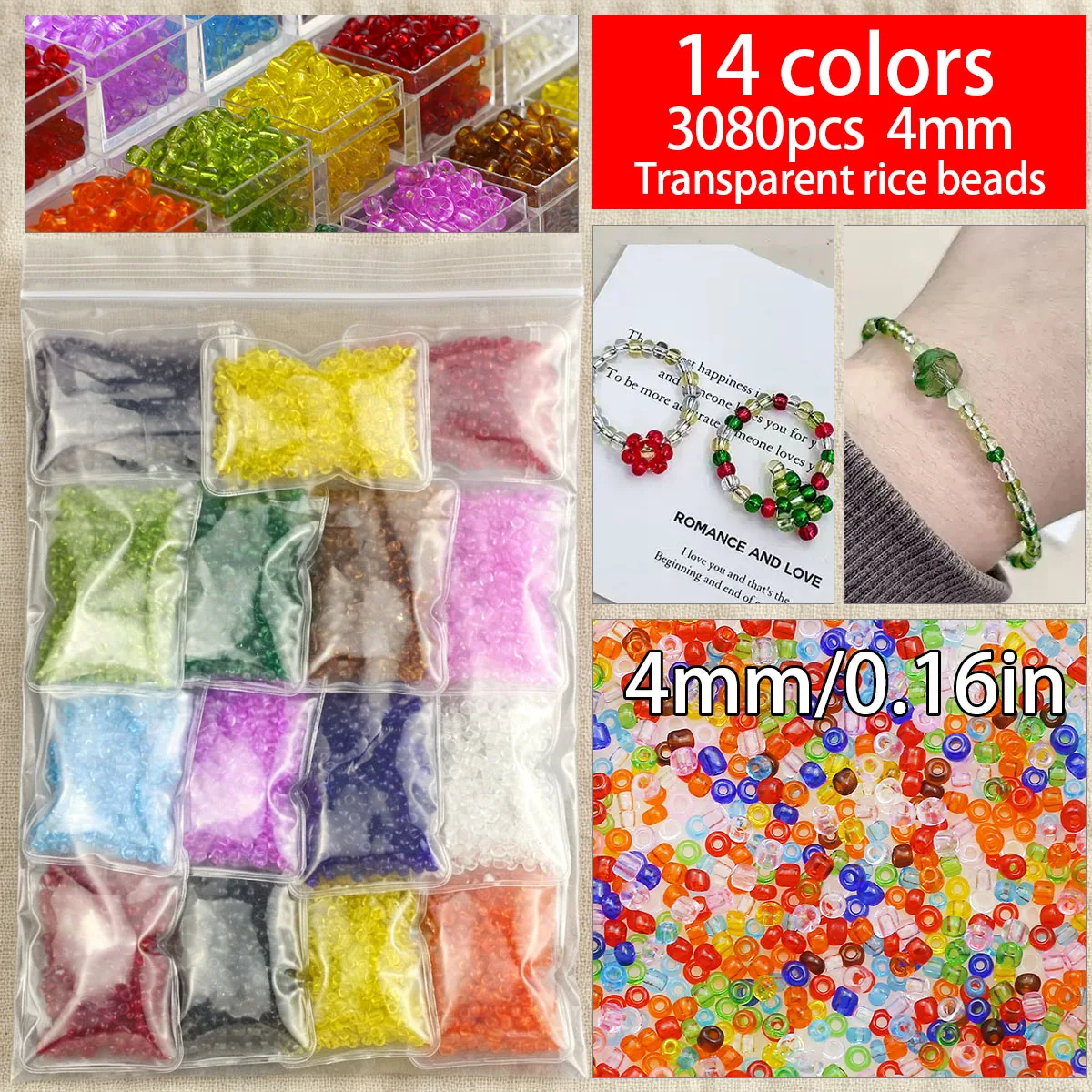 14 Colors 4mm 3080Pcs Set Transparent Multicoloured Glass Beads for Jewelry Making Bracelet Necklace Keychain DIY Accessories