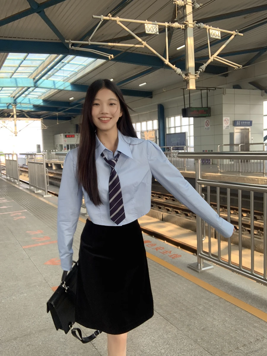 

Blue irt Женский ort Sve Long Sve Faionable Cotton Commute Sle Корейская версия Цветной воротник на пуговицах