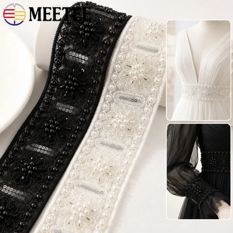 2/4Yards 45mm Beaded Sequin Lace Trim Floral Embroidery for Bridal Gown Stage Costume Neckline Cuff Hairband Sewing Craft Decor