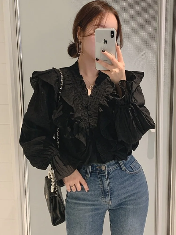 Chique vroege herfst afslankende V-hals knoopdetail geplooide Bell Sve irt top dames Faion lente herfst pure kleur lang S...