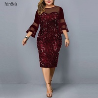 FairyShely 2025 Mesh Lace Sleeve Plus Size Dress Women Slim Shiny Large Midi Dress Lady Office Curve Sequins Bodycon Party Dress