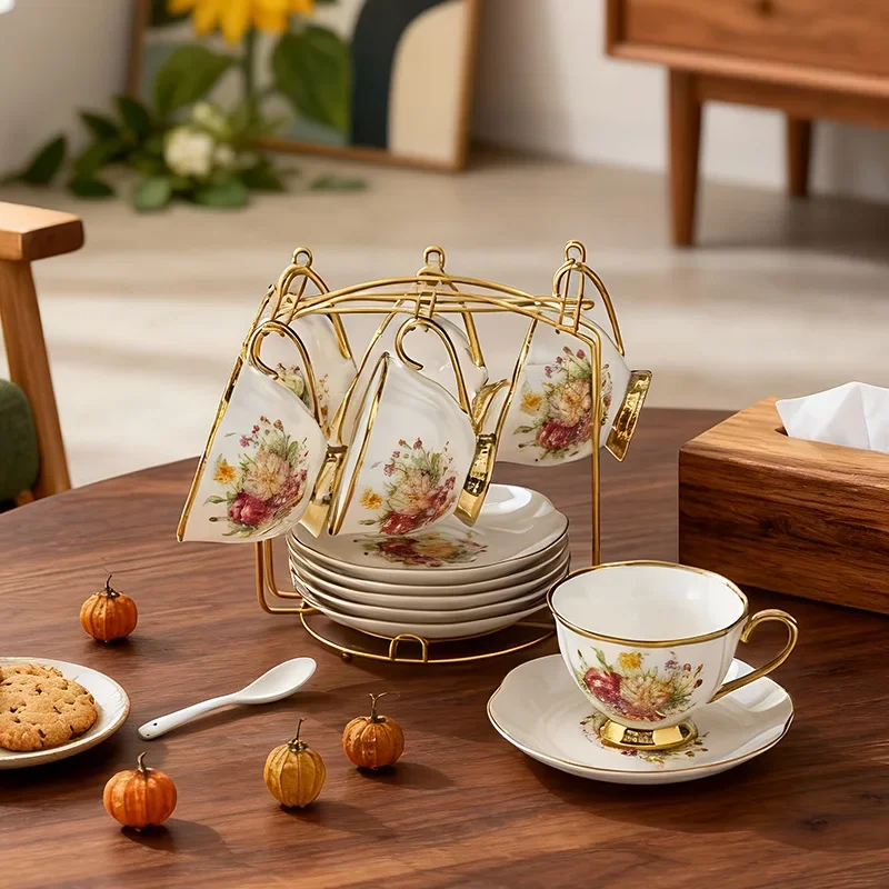 DSA Small Floral Coffee Cup & Saucer Set Home Ceramic Vintage Floral Style Gold-Edged 6 Cups 6 French Style High Value