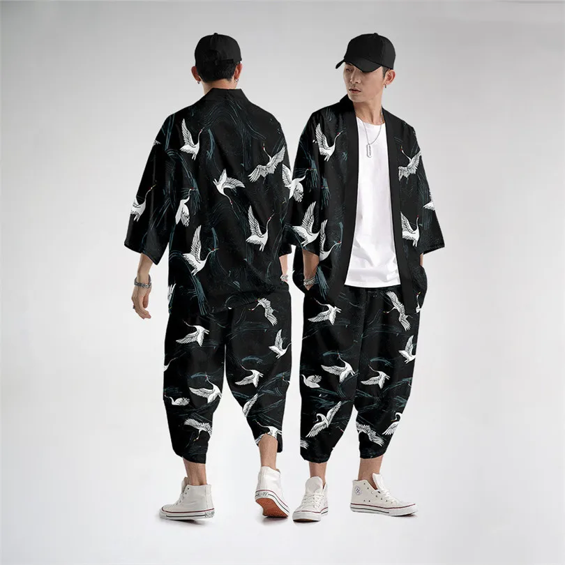 Two-piece Suit Oversize Japanese Crane Cardigan Women Men Cosplay Yukata Clothing Harajuku Tradition Kimono + Pants Sets Haori