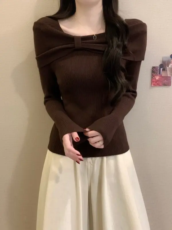 

Женская длинная вязаная базовая кофта с длинным рукавом, зимняя, для ношения под одеждой, Miu Sle, красивая, из тонкой шерсти, с вырезом на талии, американский стиль.