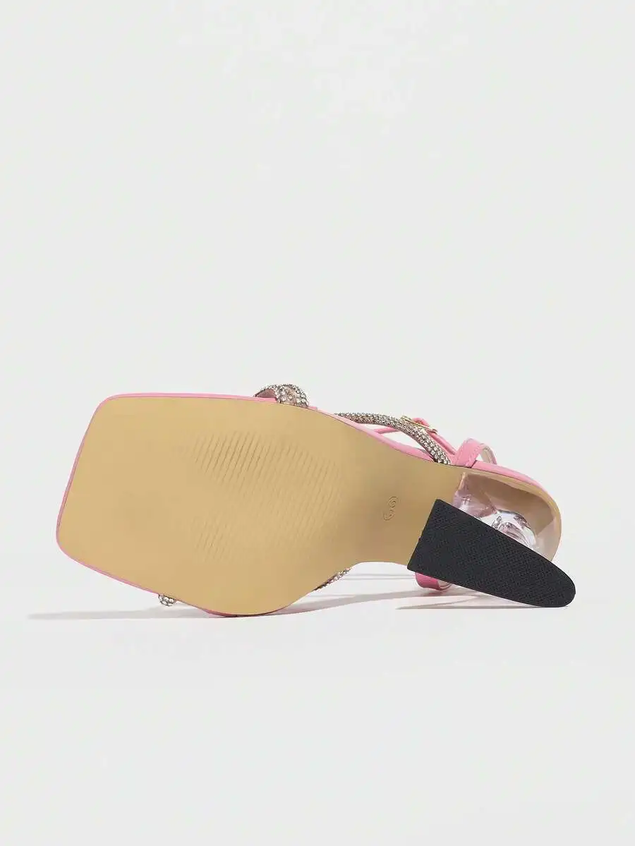 Pink Rhinestone Clear Flared Heel Square Toe Sandals – Barbiecore Party Glam Essential Step Into Playful, Sparkling Barbiecore