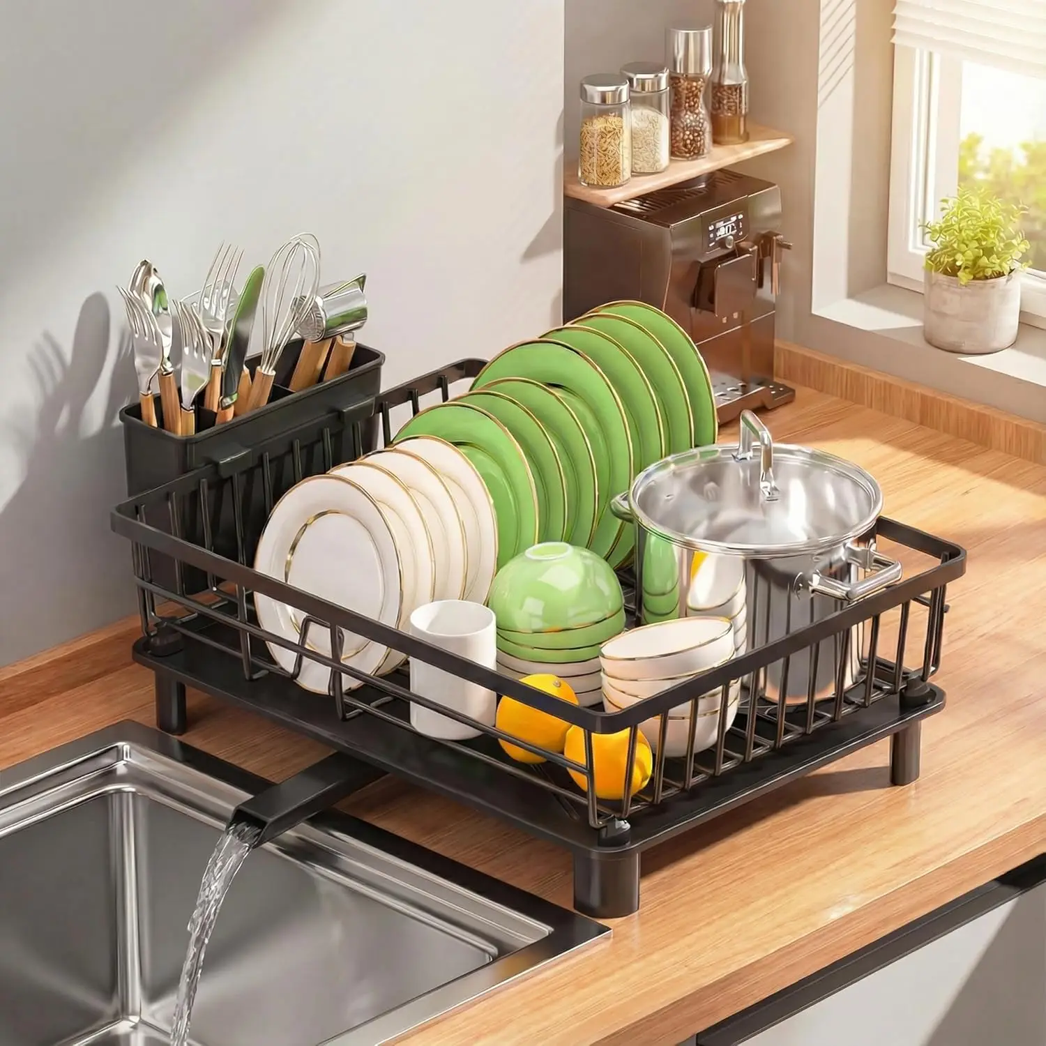 

Dish Drying Rack for Kitchen Counter,Stainless Steel Drainers Rack with Detachable Cutlery Holder,Automatic Drainage System,A