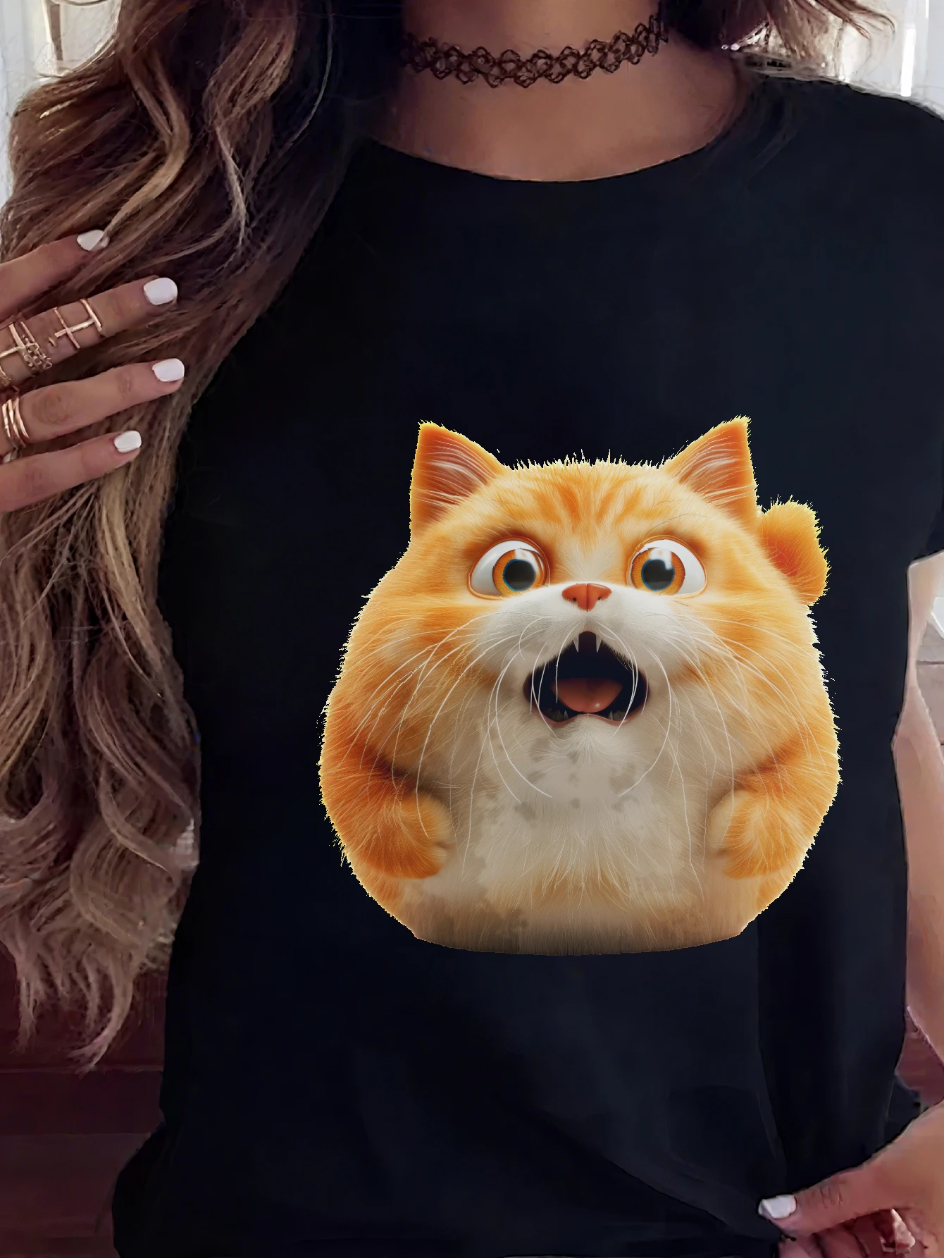 

Crazy funny cat Women’s Comfortable Round Neck T-shirt Loose Fit Christmas Design Multi-Colored Options