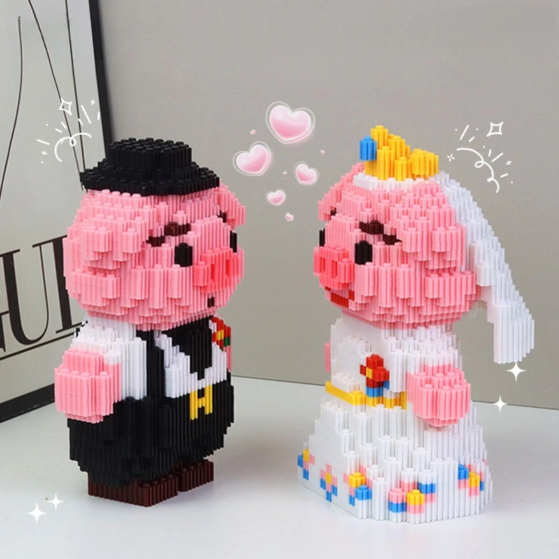 Couple Pink Pig Wedding Dress Building Blocks Toy DIY Gift Small Particle Puzzle Building Blocks 6-12 Year Old Children's Toys