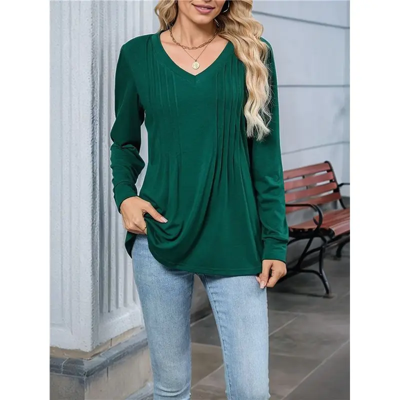 CYL-المرأة نفخة قمصان طويلة الأكمام مطوي الخامس الرقبة الخريف تونك القمم بلوزة متأنق عادية فضفاض الصيف تي شيرت