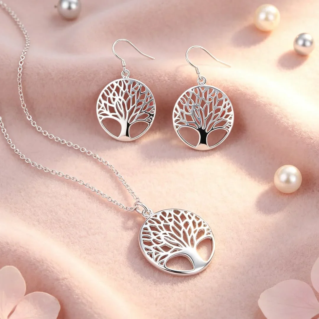 New Luxury 925 Sterling Silver Creative Tree Life Pendant Necklace Earrings for Woman Jewelry Set Fashion Wedding Engagement