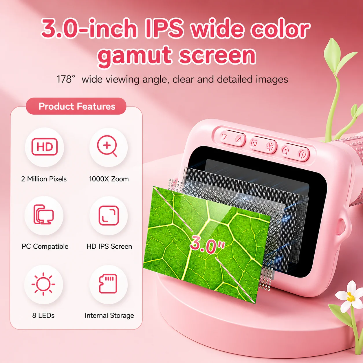 1000X Kids Microscope 3.0-Inch IPS Screen Mini Digital Microscope 8 LEDs Educational Toys Gifts for Christmas Birthday