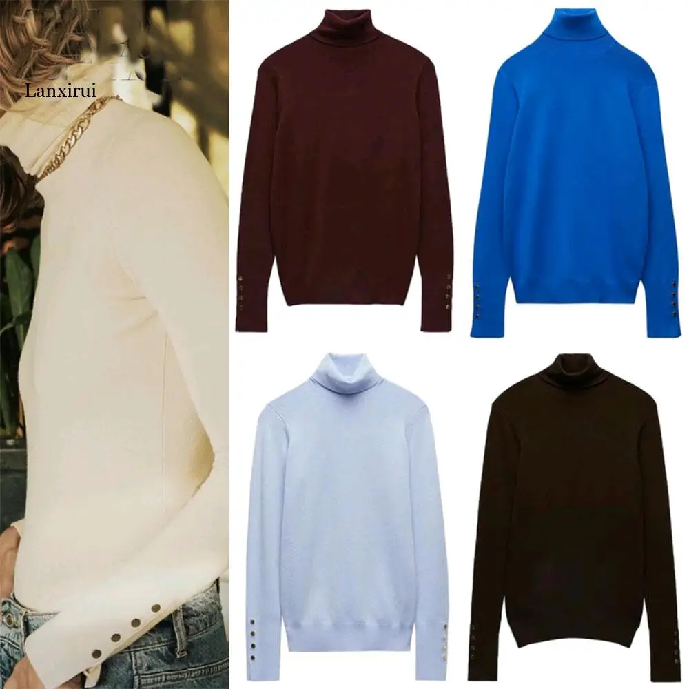 

autumn and winter basic models temperament slim soft texture metal button high neck sweater stretch bottoming shirt
