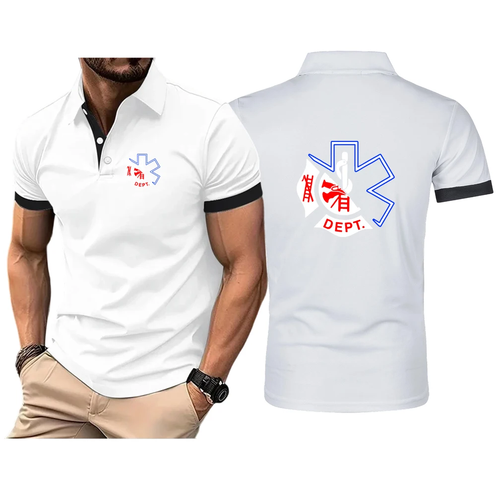 Firefighter Rescue Team Summer Man's EMT Emergency Medical Technician Logo Print Fashion Solid Color Lapel Polo Shirt Casual Top