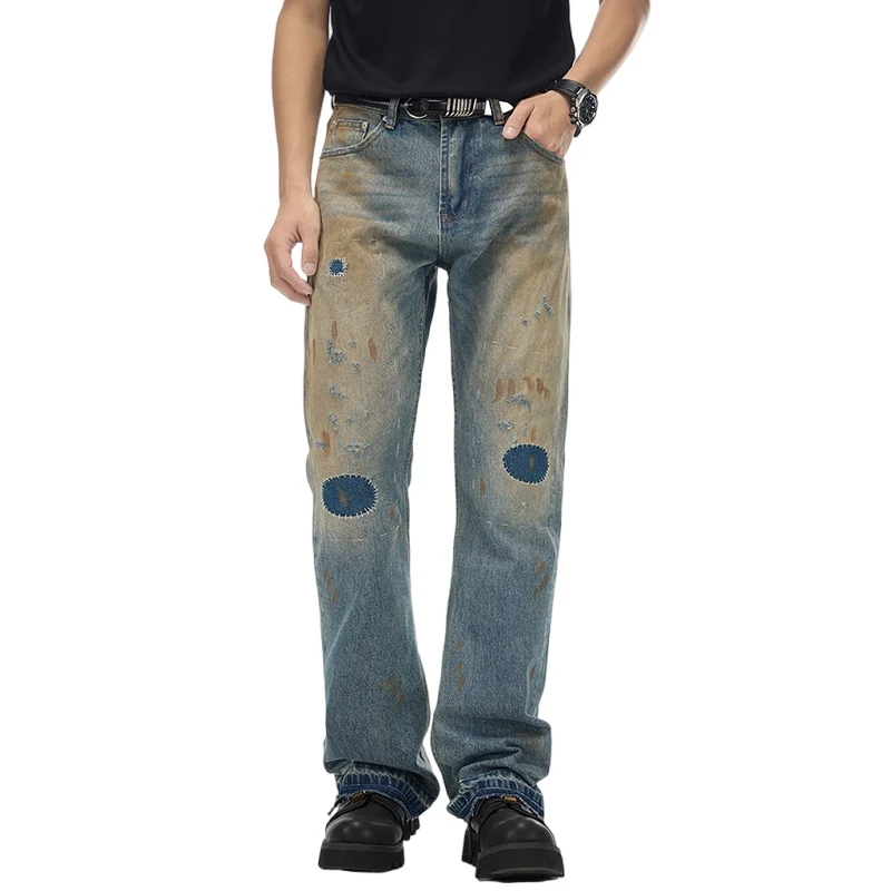 

JK9679 vintage washed distressed patchwork jeans for men, trendy brand, cool and stylish, high-waisted, slim-fit, slimming.