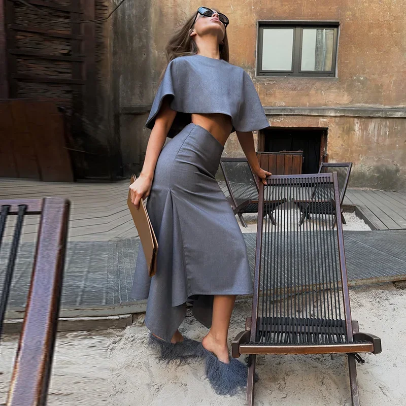Schalkragen Elegantes Outfit Cape Damenanzug Asymmetrischer Meerjungfrauen-Dreiteiler Langer Rock Büro Damen Graue Anzüge 2026 Herbst – Detail 5