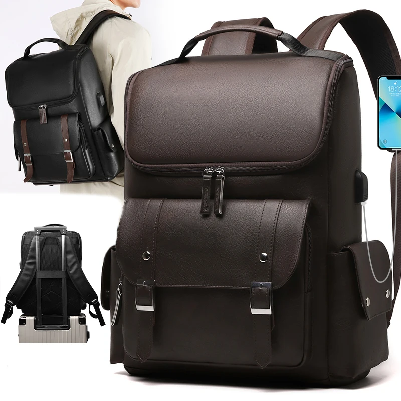 

Деловой рюкзак из искусственной кожи с USB-зарядкой, мужская уличная большая дорожная сумка для ноутбука, 14-дюймовый рюкзак для студентов, дорожная школьная сумка