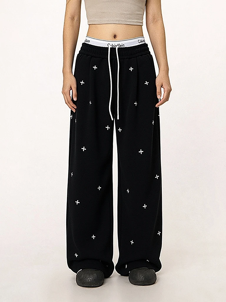 

Американские спортивные брюки с высокой талией, свободного кроя, с принтом, широкие штанины, женские повседневные спортивные брюки с завязками