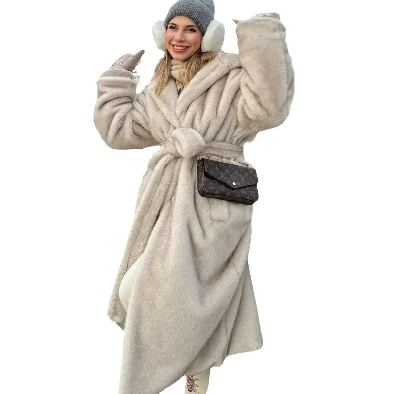 Luksusowy damski płaszcz z kapturem ze sztucznego futra norek, długi, plus size, gruby, ciepły, zimowy, z paskiem, wysokiej jakości odzież wierzchnia, 2025