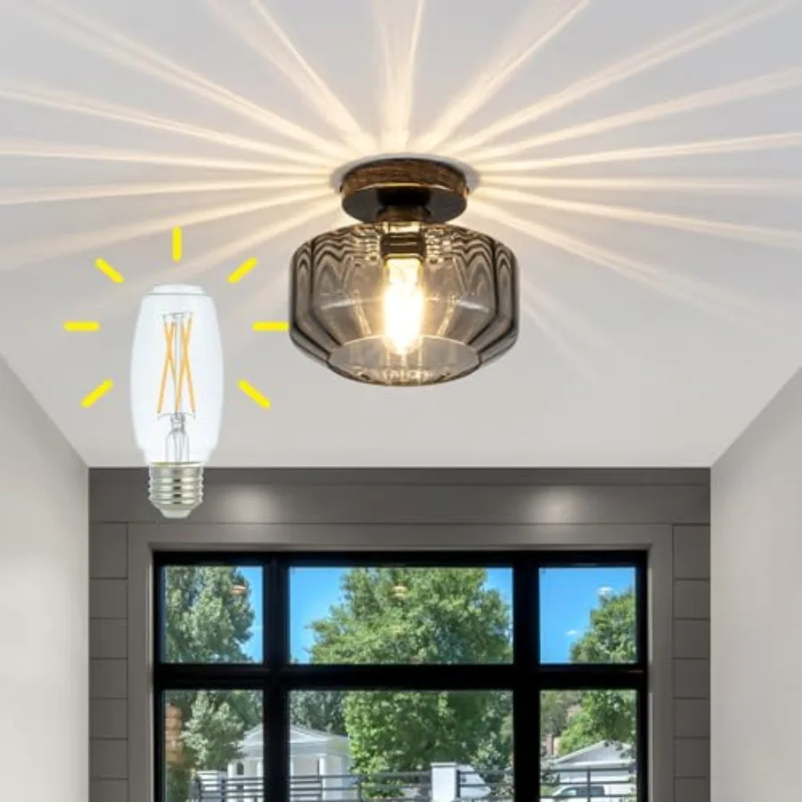 

Tbaoinal Semi Flush Mount Ceiling Light Textrued Smoked Glass Shade Matal Base Inclede LED Bulbfor Kitchen/Hallway/Entryway/Bat
