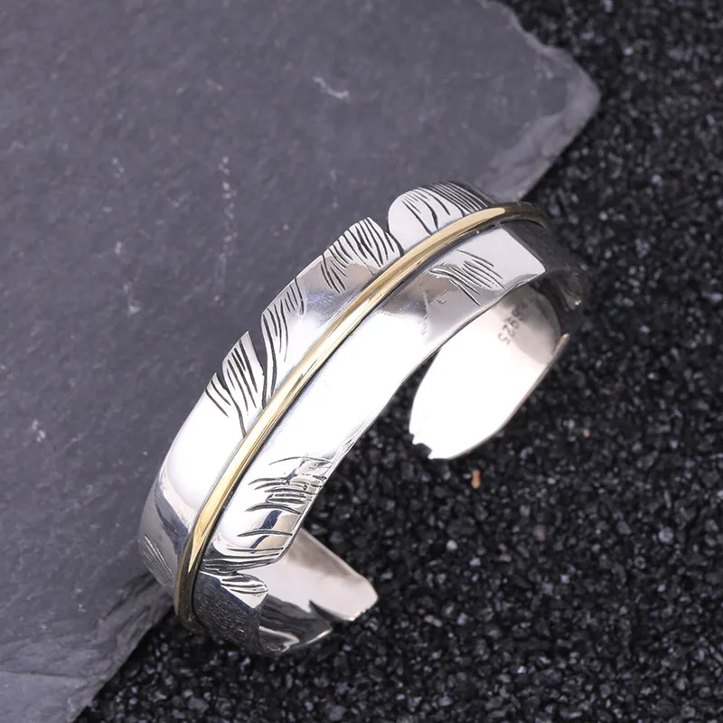 

925 sterling silver feather bracelet men's fashion exaggerated opening personality Thai silver Indian men's bracelet women