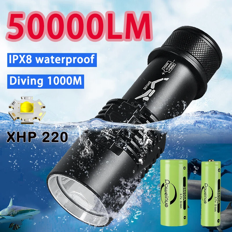 50000LM Diving Flashlight XHP220 Professional Scuba Torch High Power Underwater Flash Light Diving 1000M Torch Light Waterproof