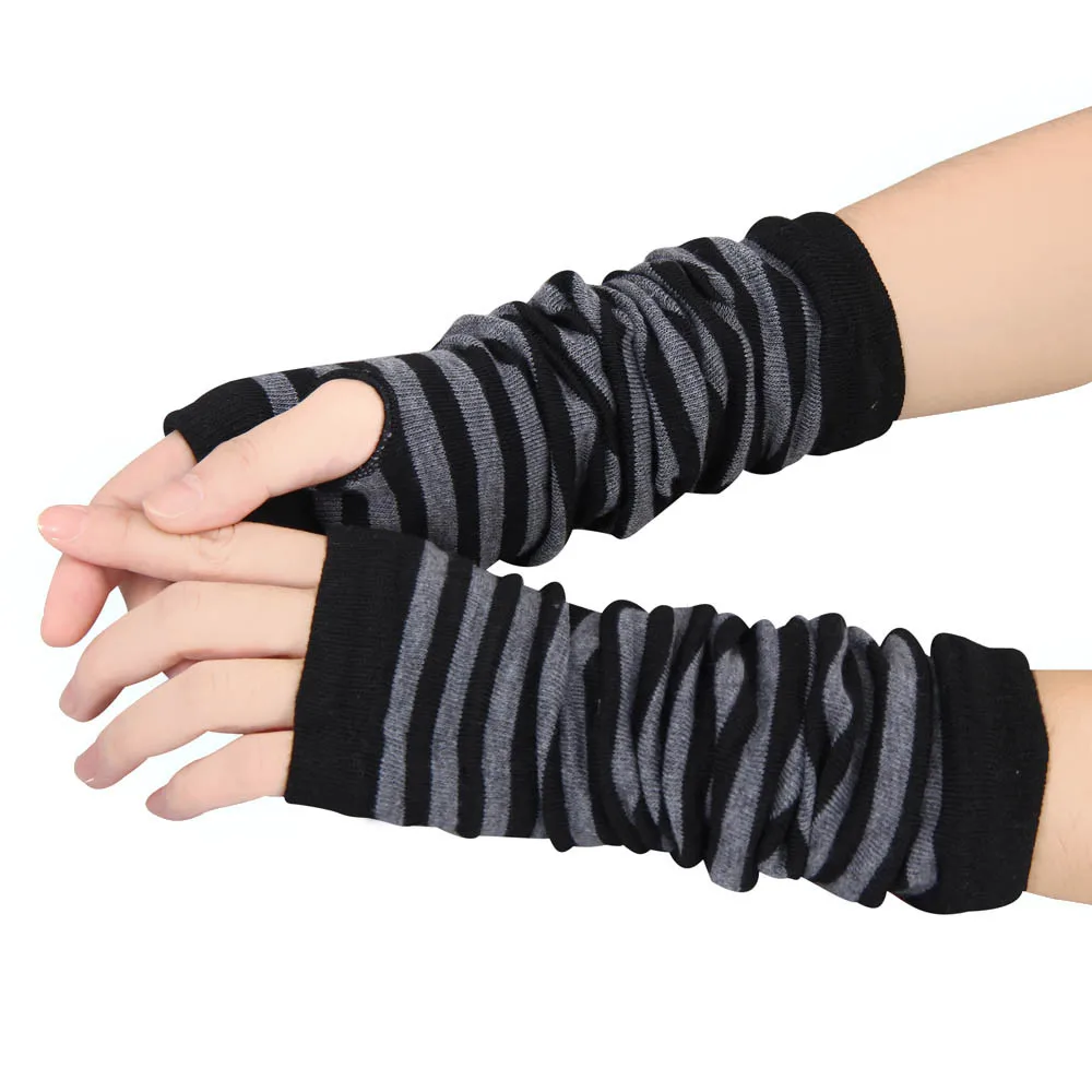 Women Long Sleeve Striped Fingerless Arm Warm Knitted Women\'s Wristband Solid Color Fashion Gloves Mittens Accessories