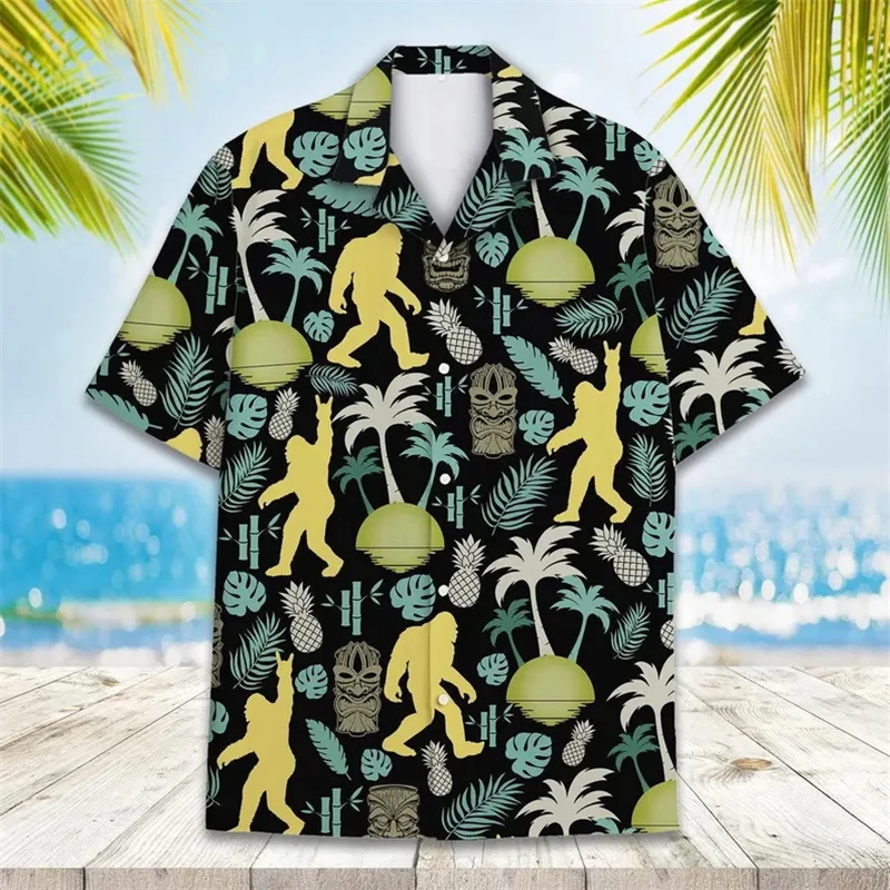 

2026 Summer New 3d Print Bigfoot Tiki Graphic Hawaiian Shirt For Men Summer Holiday Shirts Button Beach Surf Cool Lazy Blouse