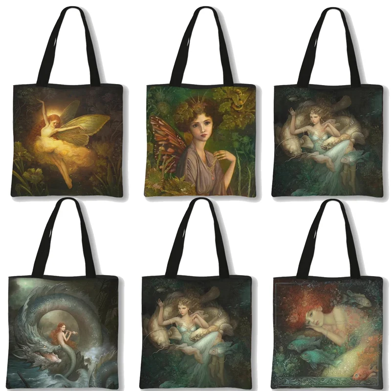 angel Oil Painting  Printing Handbag Fabric Bag Leisure Folding Shopping Bag Outdoor Beach Bag Daily Handbag