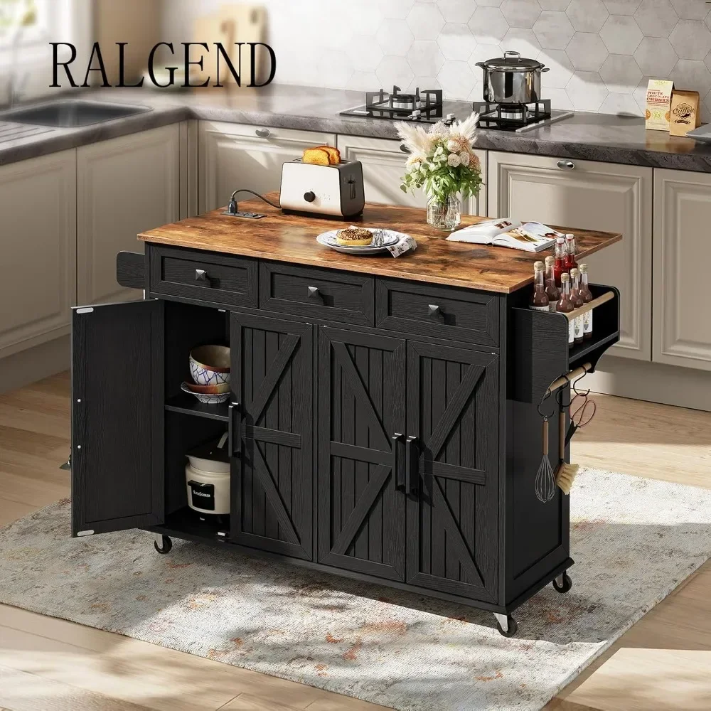 

Kitchen Island with Drop Leaf, Kitchen Cart with Charging Station, Kitchen Table with Storage, Rolling Island Table with 3 Drawe