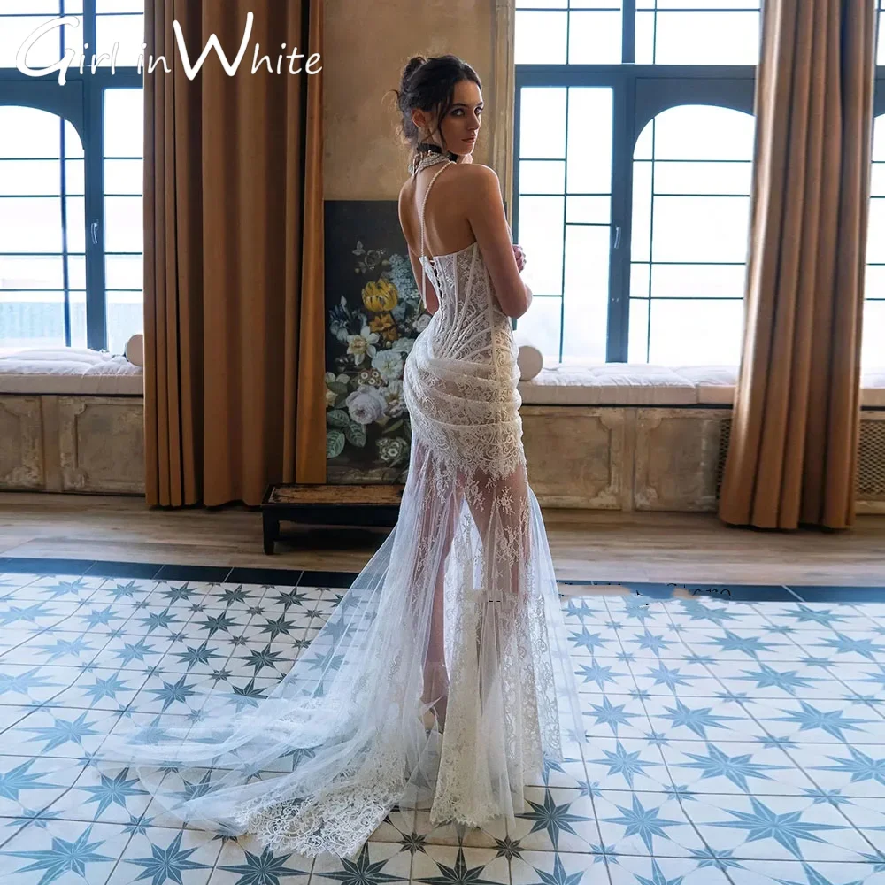 Abito da sposa di lusso senza spalline in pizzo con spalle scoperte Abito da sposa a sirena Abiti da sposa senza schienale personalizzati per cerimonia loft vintage