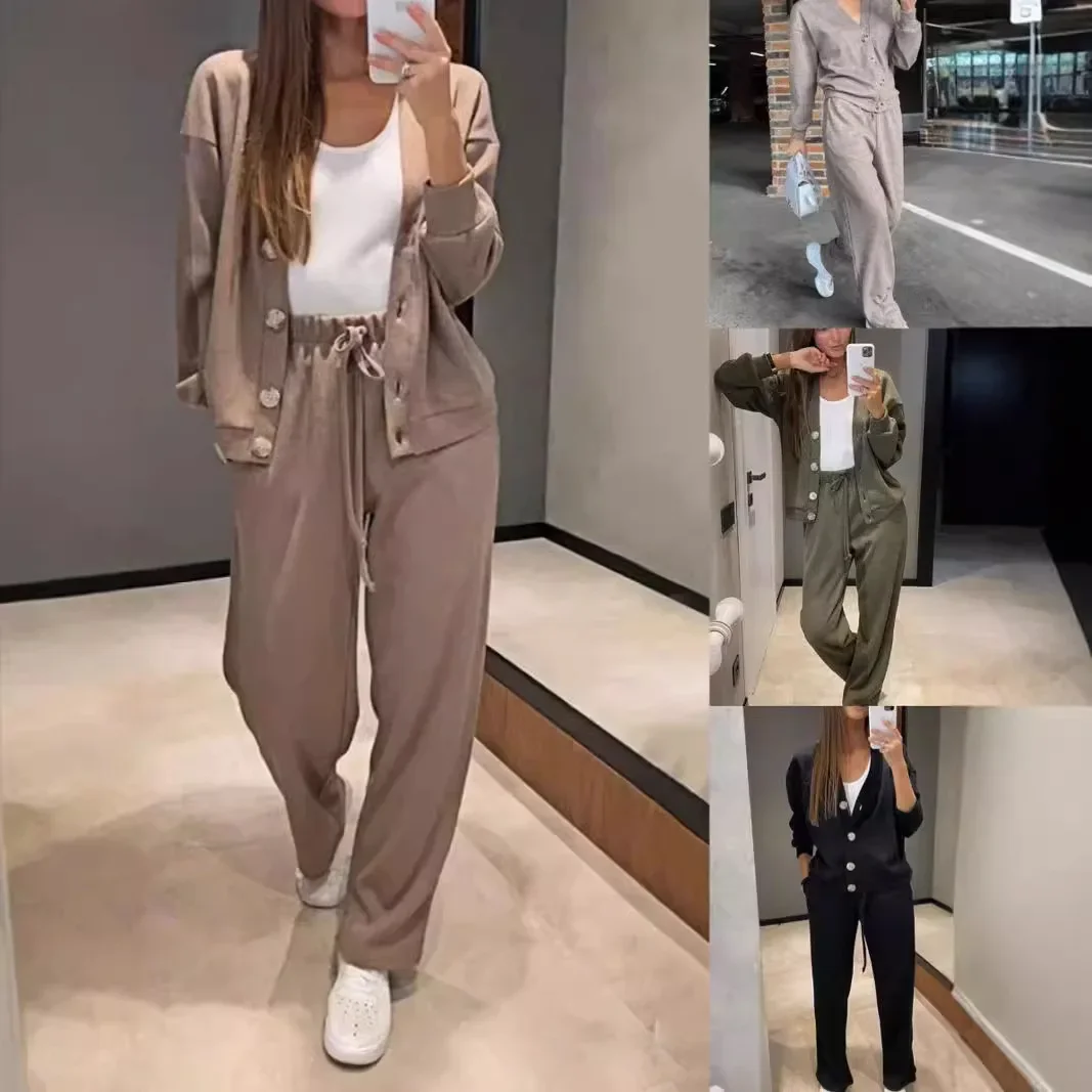 2024 Casual Women\'s Knitted Pants Set V-neck Long Sleeved Single Breasted Knitted Sweater Cardigan+long Pants Two Piece Set