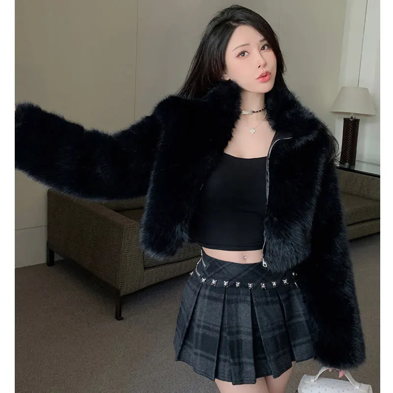 Korean Faux Fur Jackets  Autumn Winter Luxury Stand Collar Faux Mink Fur Party Club Zipper Coat Vintage Solid Furry Outerwear