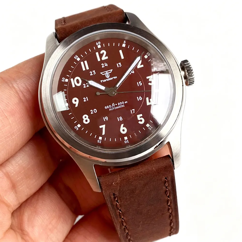 Tandorio Vintage Mechanical Men Watch Automatic Luminous Marks Sapphire Glass Japan NH35 100M Waterproof Retro Leather Band