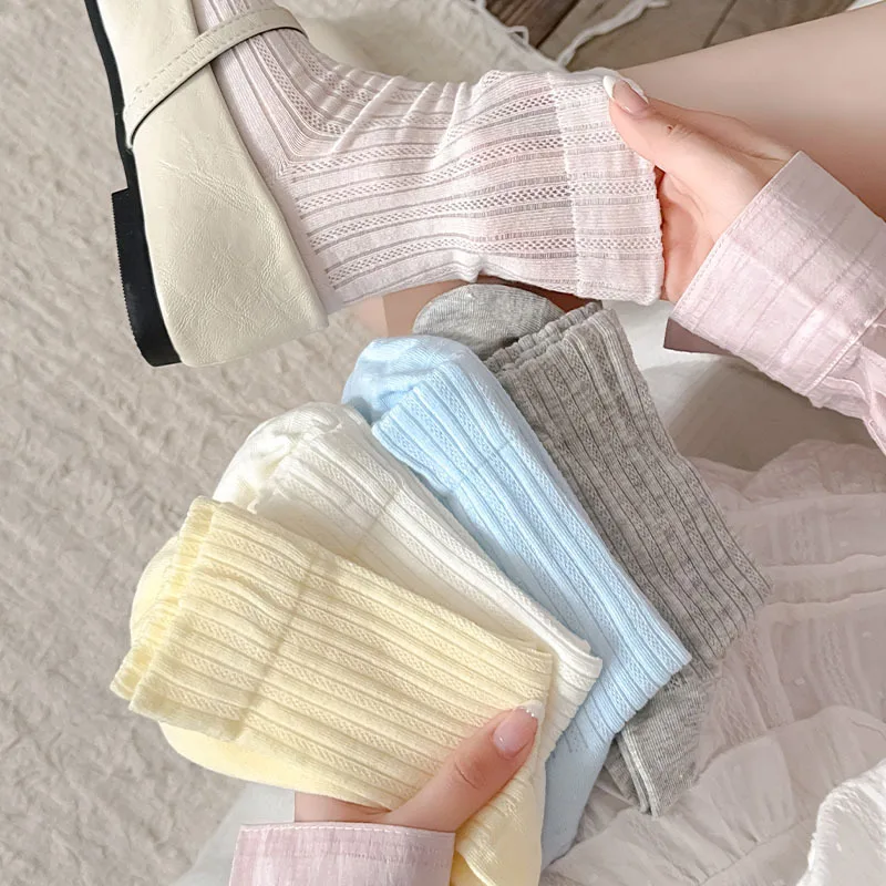 Korean Style Women Socks Summer Cotton Thin Breathable Middle Tube Socks Solid Color White Gray Pink Blue Yellow Long Socks Sox