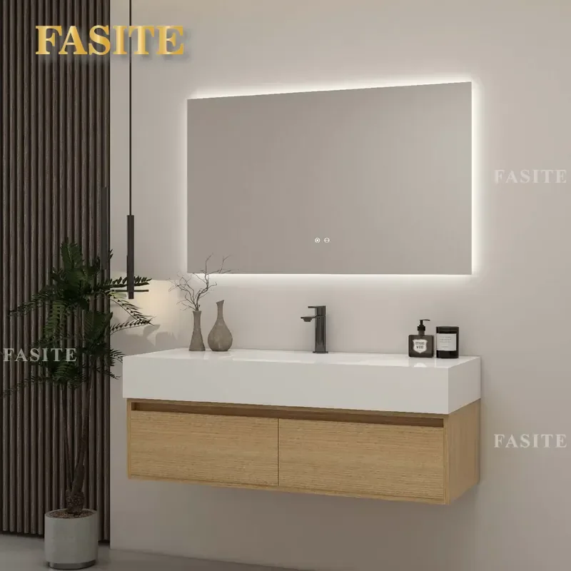 For Bathroom Log Color Rock Slab Seamless Basin Cabinet Combination with Intelligent Back Luminous Mirror Washstand Modern
