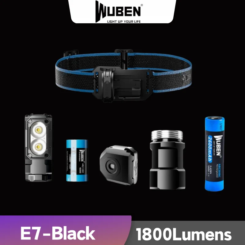 wuben超小型軽量ヘッドランプ、ヘッドライトと懐中電灯、充電式トーチ、黒コールドホワイト、5000k、1800ルーメン、e7