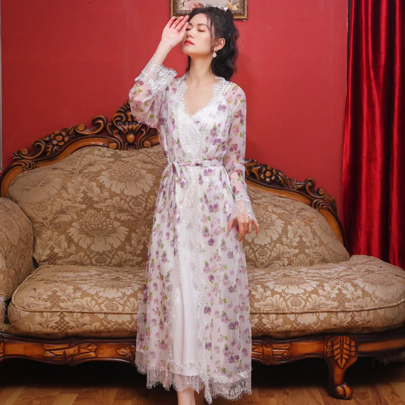 Floral Mesh Night Dress Robe Sets Women Two Pieces Sexy Long Peignoir Romantic Nightgown Bathrobe Nightwear Princess Sleepwear