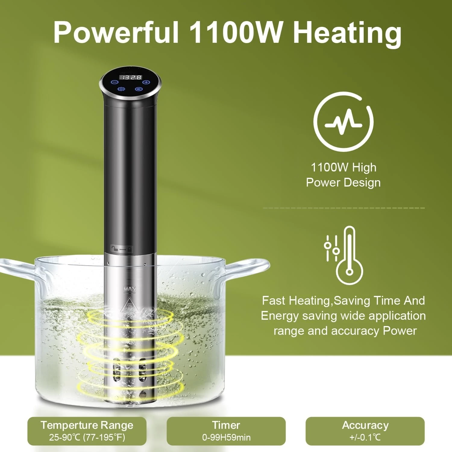 1100W Immersion Sous Vide Circulation Heater, IPX7 Waterproof, Space Saving, Precise Temp Control, Black 120V