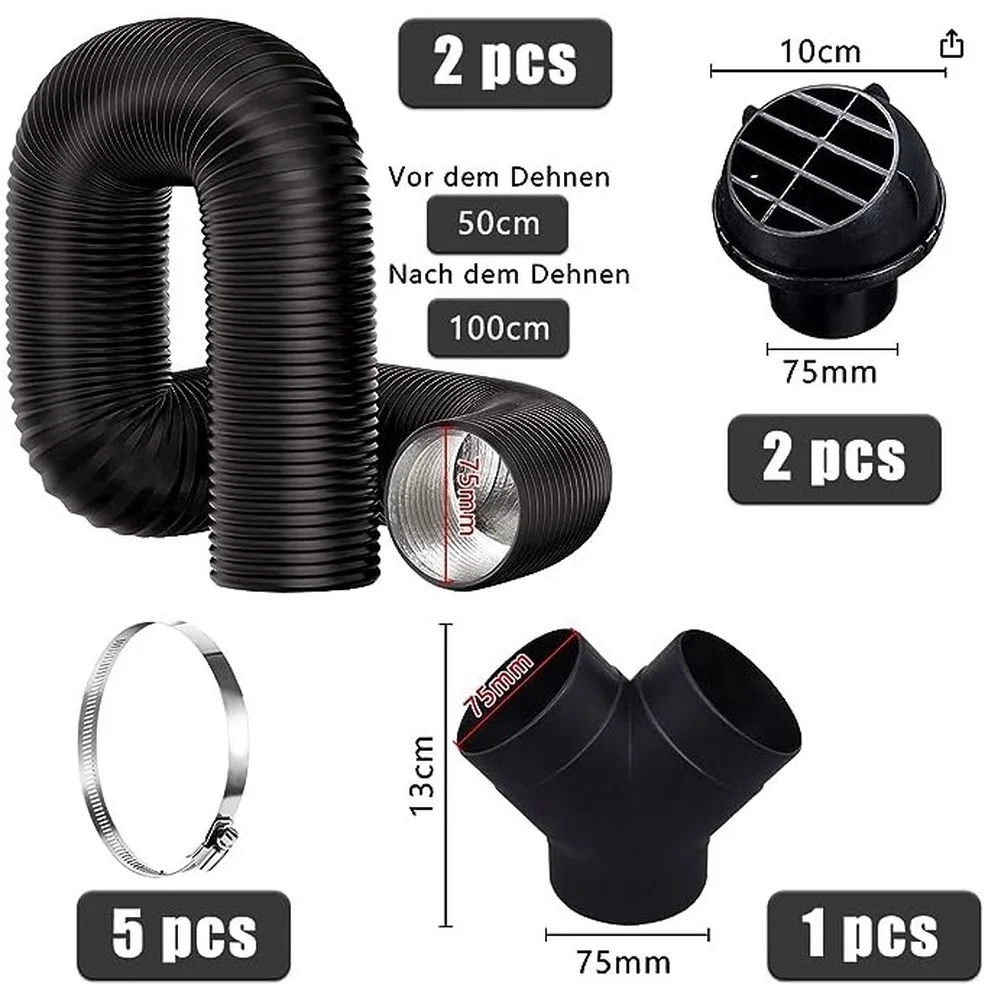 

Высокопроизводительный гибкий воздуховод 75 мм, 100 мм, 0,8 м для дизельных отопительных систем с усиленными концевыми зажимами и термозащитой