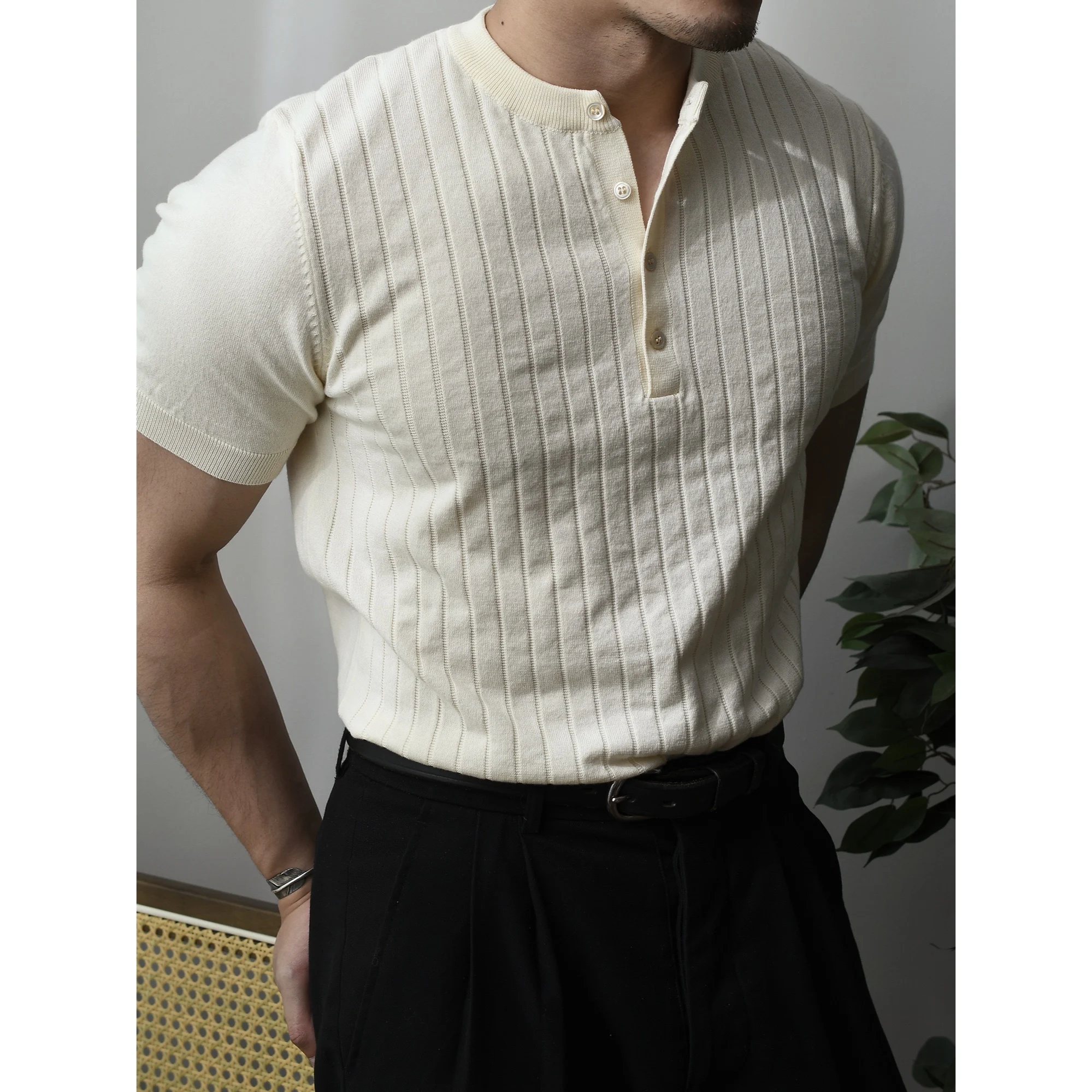 Men\'s Henley Collar Shirt Striped Classic Business Casual Style Vintage Summer Tees