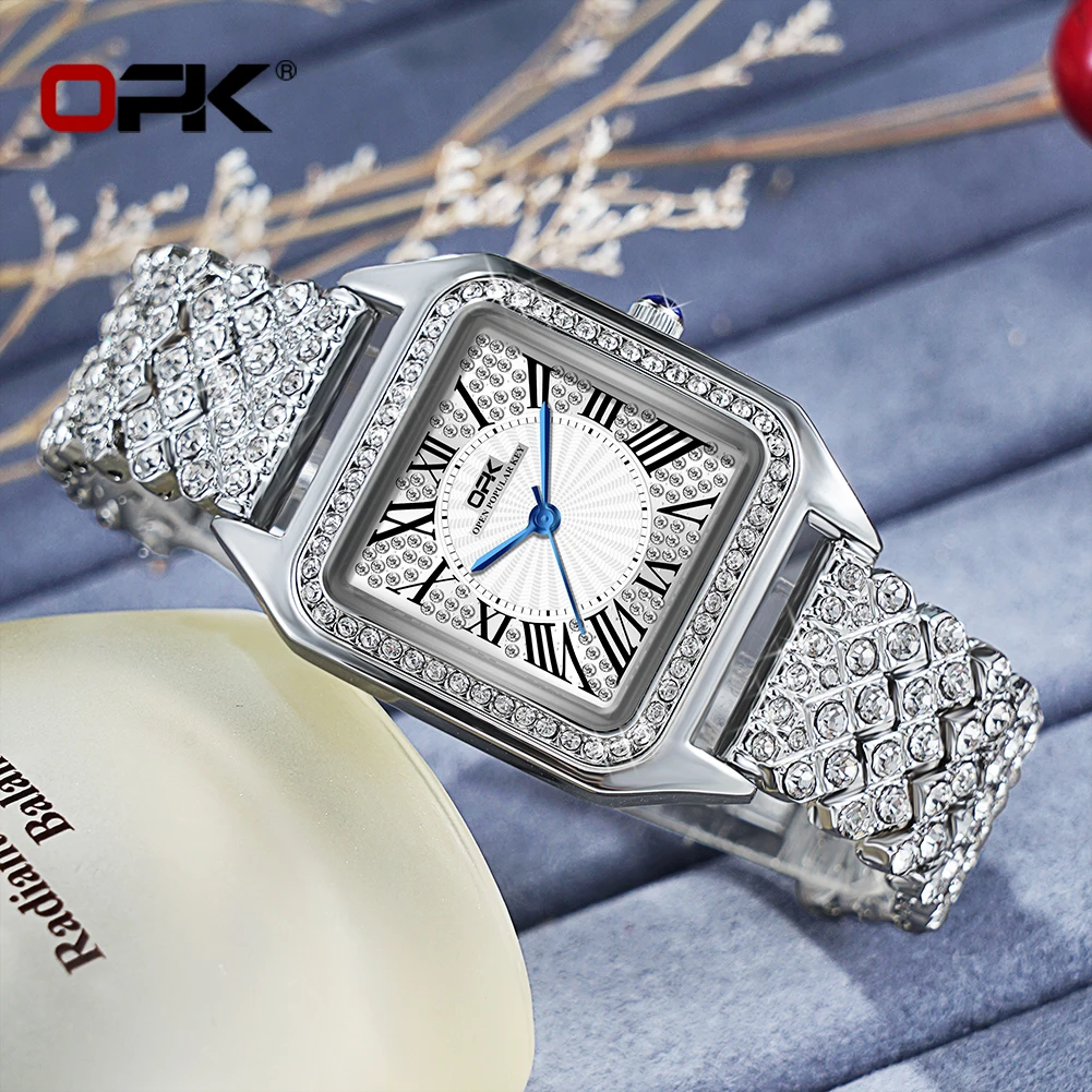 ساعة كوارتز للسيدات بحزام فولاذي بمقياس روماني مقاومة للماء من الماس بالكامل من OPK 8619